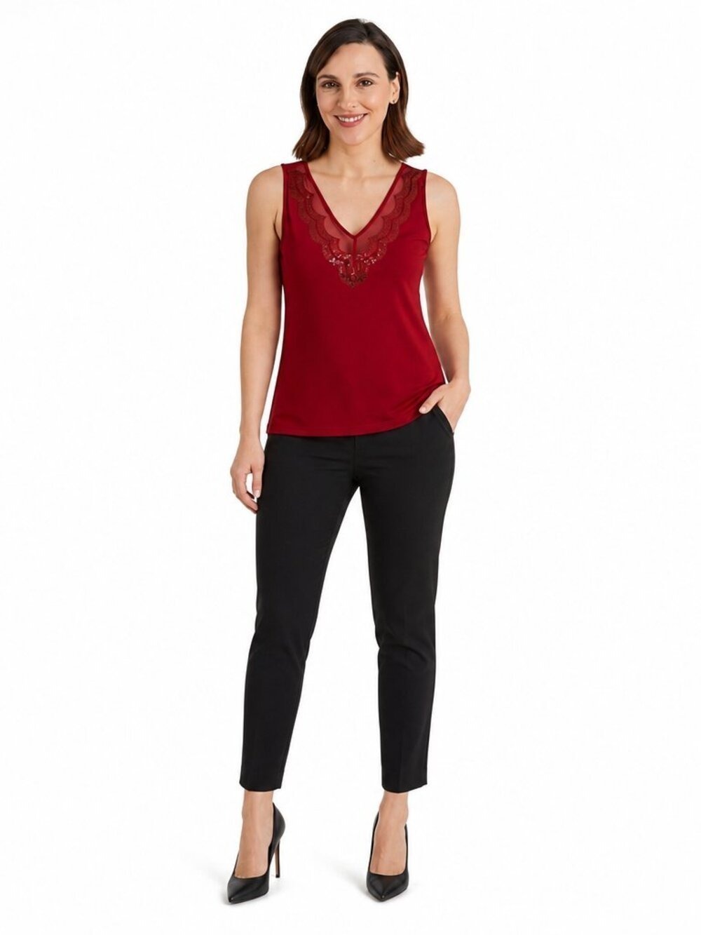 Cabernet Red Satin Embellished V Neck Camisole Tank Top Small